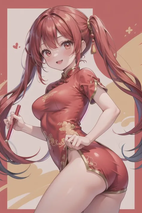 Chinese girl, medium breasts, red short sleeves long bottom Cheongsam, reddish brown twin tail hair, smile