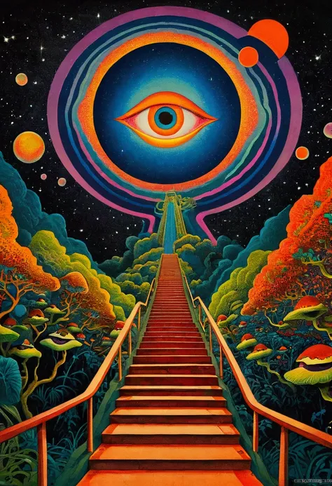  psychedelic aesthetic, Whimsical and psychedelic, Psychedelic illustration, 70s poster, McFarlin : : Gorgeous, Concert poster, Cosmic Psychedelic Drug Poster Art, Stairs leading to the orange eye, Otherworldly visuals, Psychedelic Art style, trippy visual...