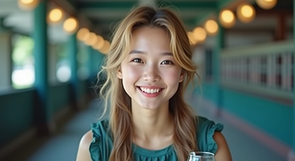 a young asian woman with long wavy hair wearing a summer dress, sitting at a table, food on the table, smiling, (high detail skin:1.2), 8K UHD, Digital SLR, High quality, filmgrain, Fujifilm XT3, perfect figure, (beautiful woman:1.4), ((wavy hair)), RAW ph...