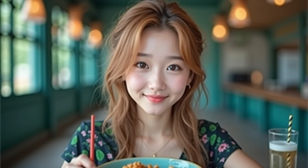 a young asian woman with long wavy hair wearing a summer dress, sitting at a table, food on the table, smiling, (high detail skin:1.2), 8K UHD, Digital SLR, High quality, filmgrain, Fujifilm XT3, perfect figure, (beautiful woman:1.4), ((wavy hair)), RAW ph...