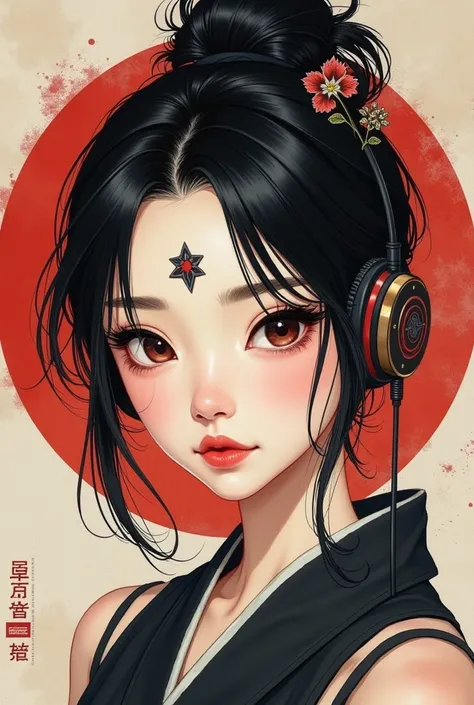 (((Ink Painting))), Fashion portrait color photos, (((1 girl))), (((Tattoo on forehead))), (((Gorgeous hair accessories))), Japanese style headphones, face close-up, Japanese beautiful girl, Black Hair, Delicate and precise, Modern ukiyo-e style,Japan, Jap...