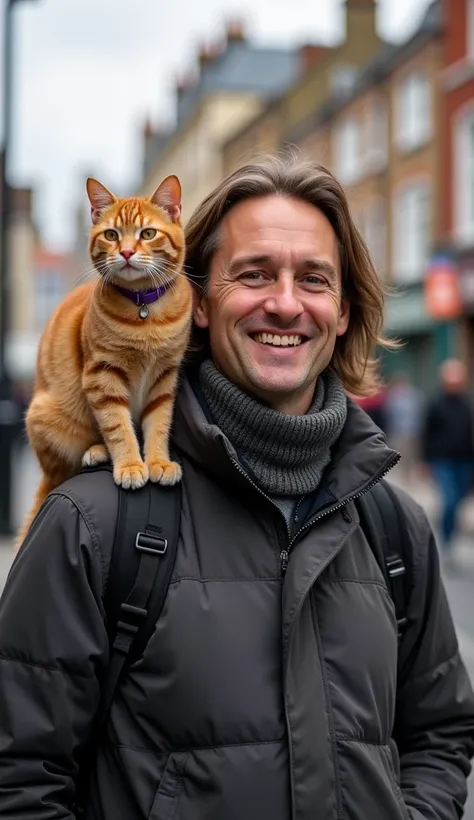 8k, high-quality, photograph, man (british, formerly homeless, age 41, long brown hair: 1.2, short stubble: 1.3, wearing clean clothes) looking confident and healthy, ginger cat (orange tabby, wearing purple collar) on shoulder, London street in background...