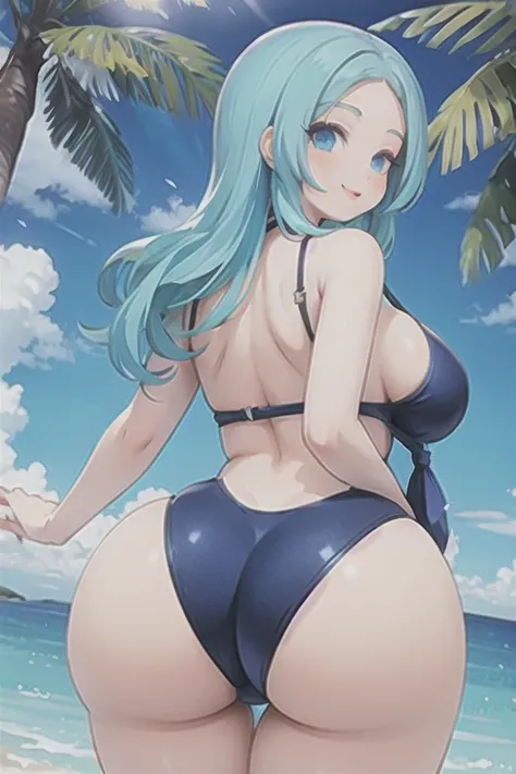 wide hips, from behind, huge ass, looking back, looking at viewer, blue one piece spandex bathingsuit, tied hair, large breasts, smile, lips, blue eyes