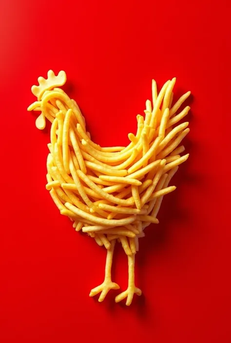 Red background, French fries that form a chicken