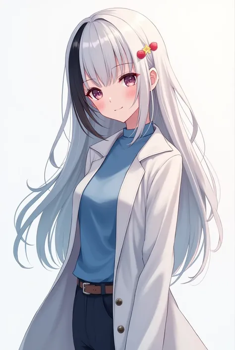 a white girl in anime style wearing a white jacket and blue shirt with white hair with black tip with black hair tips, with breasts and ass, short hair  