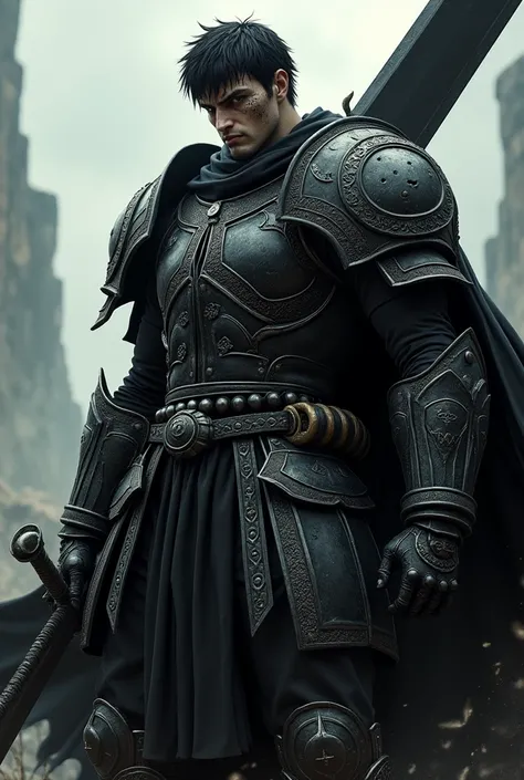 Guts the Black Swordsman with the huge black sword on his back, dressed in Berserk plate armor, short-hair