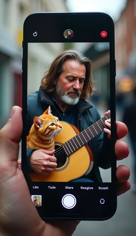 8k, high-quality, photograph, smartphone screen showing viral post of man (british, homeless, age 41, long brown hair: 1.2, short stubble: 1.3, wearing dark jacket) playing guitar and ginger tabby cat, many likes and shares icons