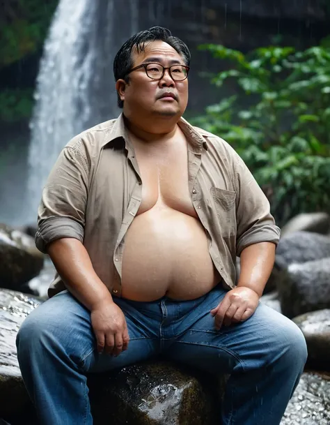 Man, Asian, 50 years old, Fat, Chubby, wearing glasses, wearing an unbuttoned shirt, light brown shirt, Shirtless, wear jeans, sitting on rocks, waterfall, Wet, Raining, sharp image, looking sad, Top view.