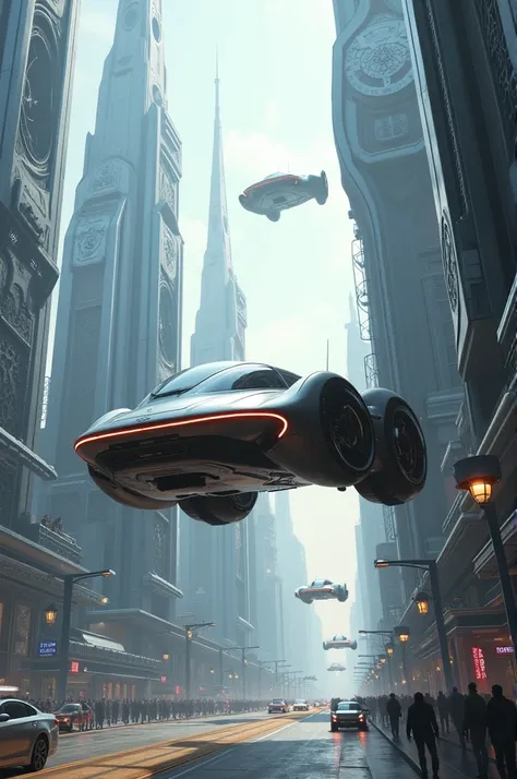 A futuristic world with flying cars and iron buildings
