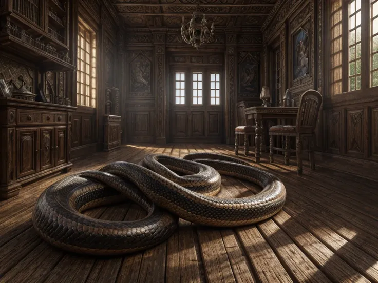 a large cobra coiled on the floor of an old house, detailed scales, intense eyes, fangs bared, midday sunlight streaming through...