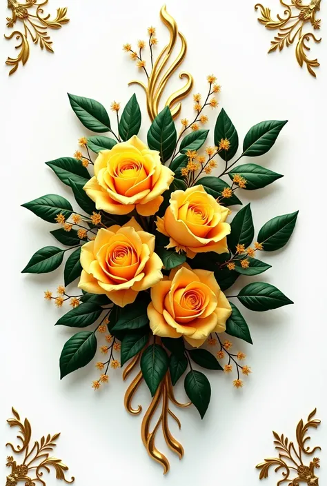 Hermosas rosas estilo oro con Emerald green en fondo blanco, in the 4 corners. Golden details intertwined with roses., Symmetrical design with roses and golden elements , Elegant and sophisticated color palette.: Emerald green, Dark green and gold visual e...