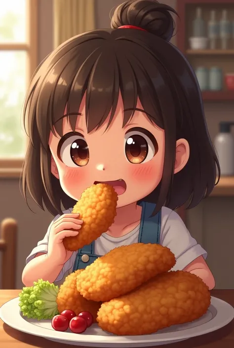 generates an image of a girl eating fried chicken