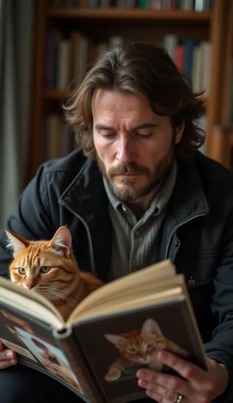 8k, high-quality, photograph, man (british, age 41, long brown hair: 1.2, short stubble: 1.3, wearing dark jacket) looking at photo album with pictures of ginger tabby cat, thoughtful expression, cozy room setting