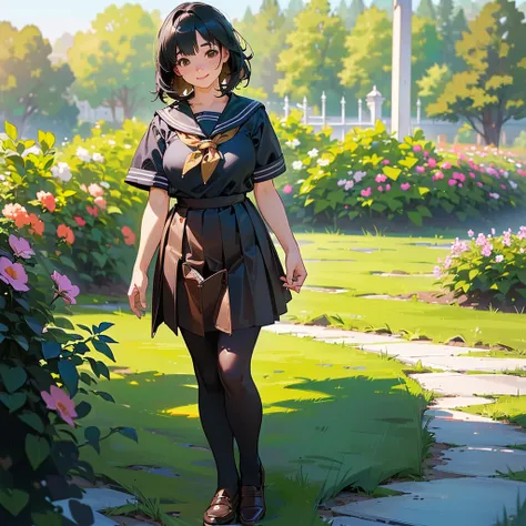 (Highest quality, High resolution, Super detailed, Realistic:1.37), Peaceful atmosphere, (Outdoor, garden), Teenage girl standing alone,(my breasts are big.),Beautifully detailed features, Cute Smile, ((Black bob hair)),Short-sleeved sailor uniform, Pleate...