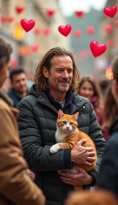 8k, high-quality, photograph, diverse group of people with their pets including a man (british, age 41, long brown hair: 1.2, short stubble: 1.3, wearing dark jacket) and a ginger tabby cat, community feeling, hearts floating above