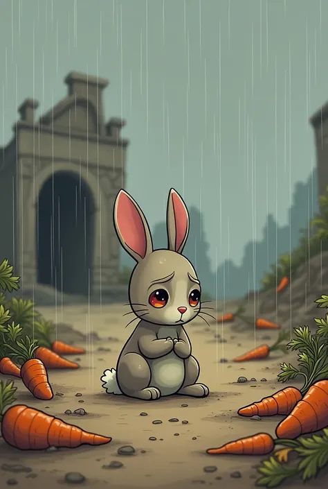 Sad rabbit cartoon in the rain in a dried carrot garden and destroyed house