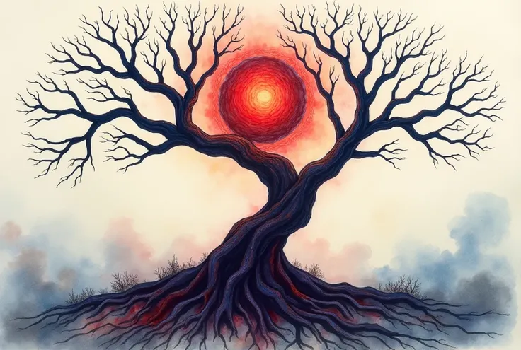 Watercolor of a tree of life with no flowers or leaves on its branches and its roots intertwined with a bright, blood-red philosopher&#39;s stone.
Let the branches be thin and long and let the trunk and roots form a spiral..