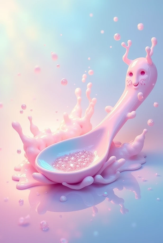 Make a small spoon with pastel sparkly tiny pebbles inside with splash art style around 2d anime like cute in motion 