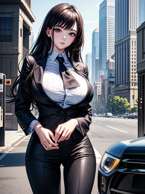 (Masterpiece、Ultra-high resolution、Detailed expression、Beautiful depiction、8k、Highest quality、Artwork:1.2)、(Giant:1.4)、Beauty、whole body、Beautifully detailed face、Over the city、A towering presence、Black Hair、business suit、White Shirt、Black pants、skyscraper