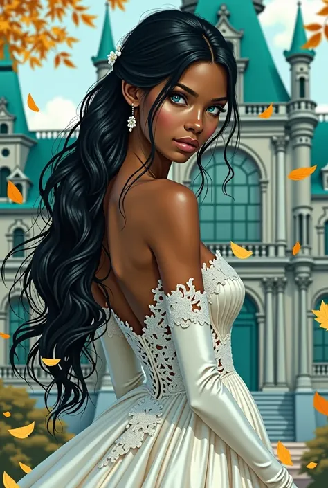 Caramel skin princess, with long black hair and light blue eyes. Her back has black veins popping out on her back, she wears a wedding dress and white silk gloves. She has a scared expression. In the background is a turquoise palace and golden leaves fall ...