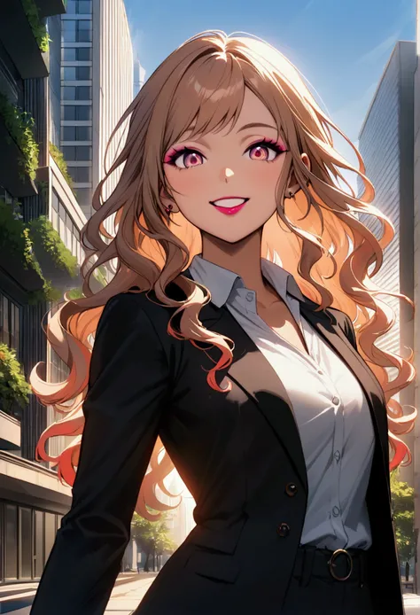 A professional profile photo of a beautiful and confident Japanese businesswoman with a subtle gyaru style, featuring a small face and large, expressive eyes. She stands outdoors near modern skyscrapers, facing the camera directly with a stylish, well-fitt...