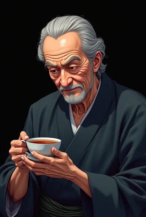 A wise old Japanese man with his cup of tea , The background of the image is black in anime mode, The old man is taking up half the space in the picture, the old man has no beard , the image is horizontal , 