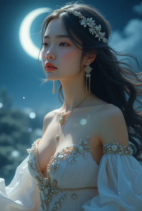 Generate an image of make another one but make it that the  small different ring of moon lunar position small moons behind her make sure theres Cancer ♋ as tattoo that glowing Goddess appearance, long wavy hair. Her looks is like Asian japanese her clothes...