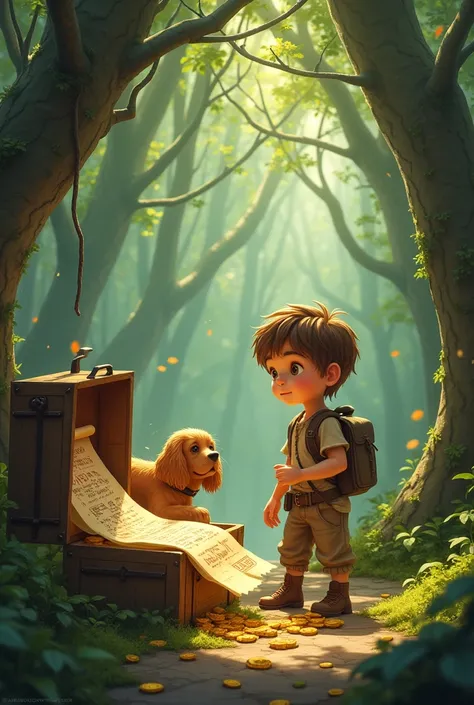  boy and his dog cooker walking in the woods finding a box, image opening the box and finding a scroll and gold coins