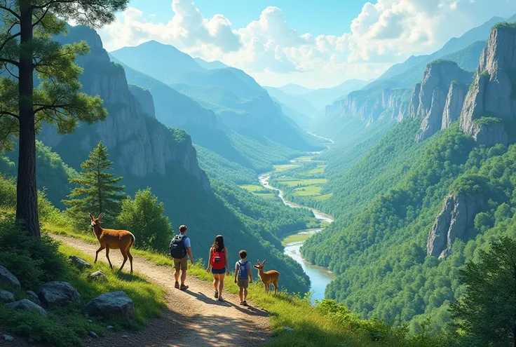 A family hikes a mountain trail overlooking a valley bursting with vibrant life. Crystal-clear rivers flow below, and restored forests stretch as far as the eye can see. Children point with wonder at a family of deer gracefully bounding through the undergr...