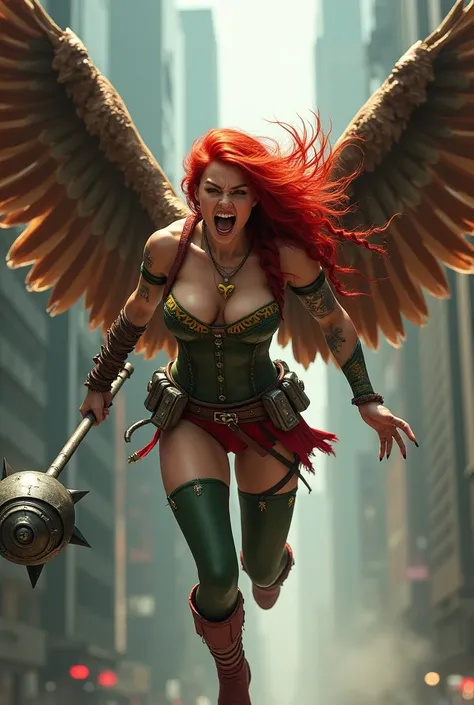 (((In extreme close-up a beautiful red-haired woman (((wearing a (((Corset in green leather with yellow))) in the middle and (((Cali green leggings with red shorts or thong over the leggings))) red boots on a sheepdog Mace in a metal ball placed on the end...