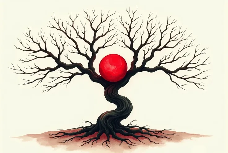 Japanese style watercolor of a tree of life with no flowers or leaves on its branches and its roots intertwined with a bright, blood-red philosopher&#39;s stone.
Let the branches be thin and long and let the trunk and roots form a spiral..