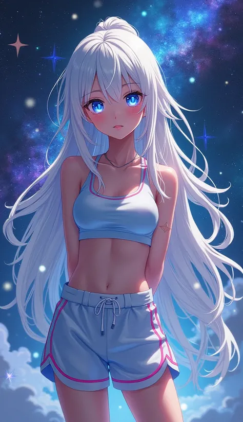 a youthful girl, sportswear, long white hair, messy floating hair, colored inner hair, starry sky adorns hair, delicate face, beautiful detailed eyes, stars in the eyes, medium breasts, looking at viewer, standing in the galaxy, arms behind back