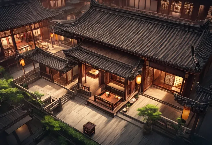 Chinese style antique wooden house,Magnificent,luxurious,The old days,The mansion of the nobility,View from above,Image of the entire house