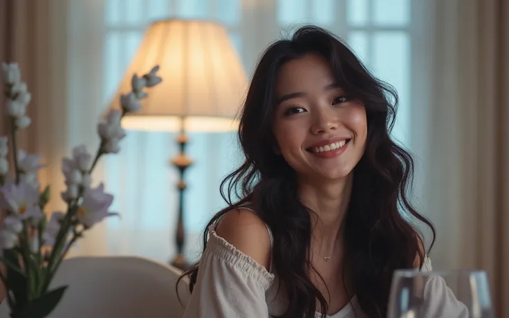 a young mixed asian and hispanic woman with long wavy hair wearing a white summer dress, sitting at a table, smiling, (high detail skin:1.2), 8K UHD, Digital SLR, High quality, filmgrain, Fujifilm XT3, perfect figure, (beautiful woman:1.4), ((wavy hair)), ...