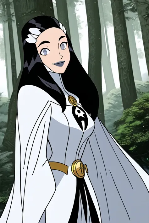 Tinya Wazzo, solo,black hair, long hair. grey eyes, smile, grey lips, white cape, best quality, masterpiece, 1girl, Masterpiece, Best Quality, Detail, Forest, cape in back, body caped, cape covered around, caped close tight 