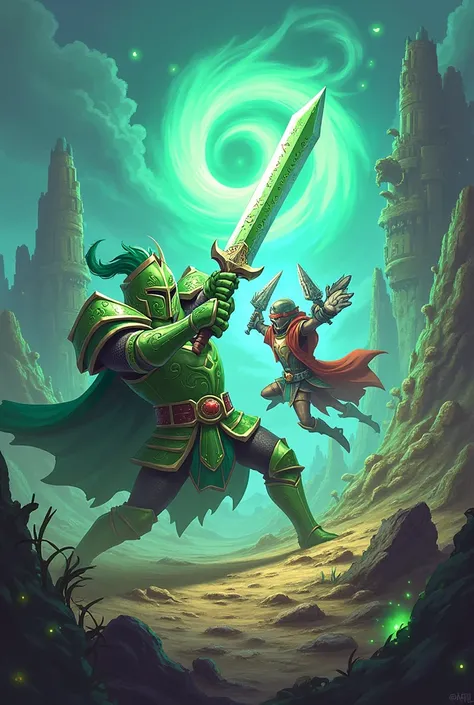 The green knight from the castle crashers saga fighting against a terraria character