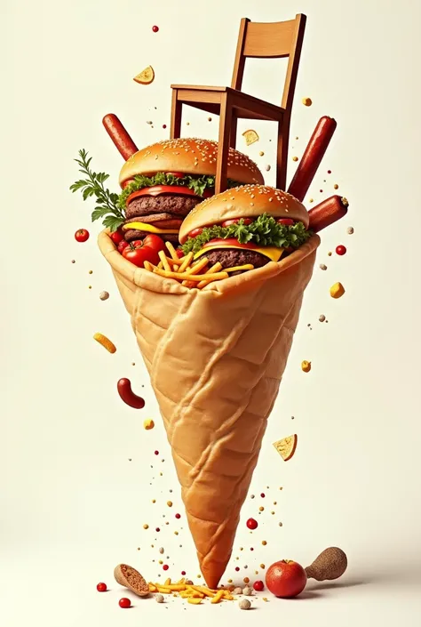 I require a very funny image of a shawarma dough cone, donde estén adentro una hamburger, SALCHIPAPA. Cheese with oregano and a wooden chair, but let it be a funny image All things you can put inside the cone, including the chair You can place the chair in...