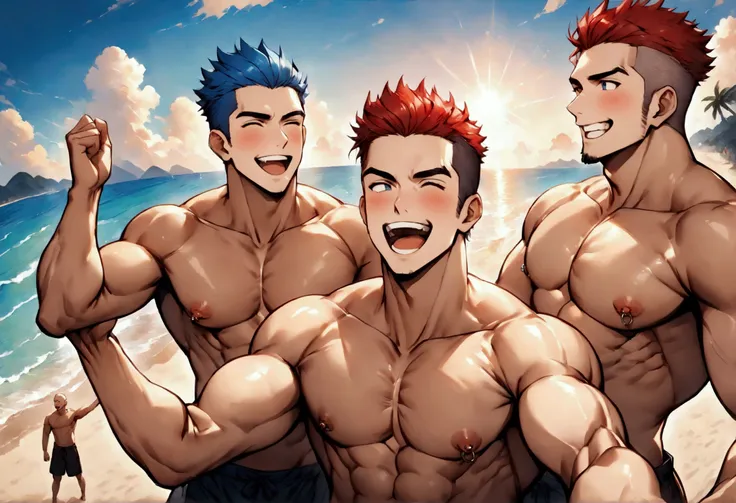 highest quality、(muscular male:1.3)、(father:0.7)、nipple piercing、3boys、short hair、sports haircut、short hair、shaved head、blue hai...