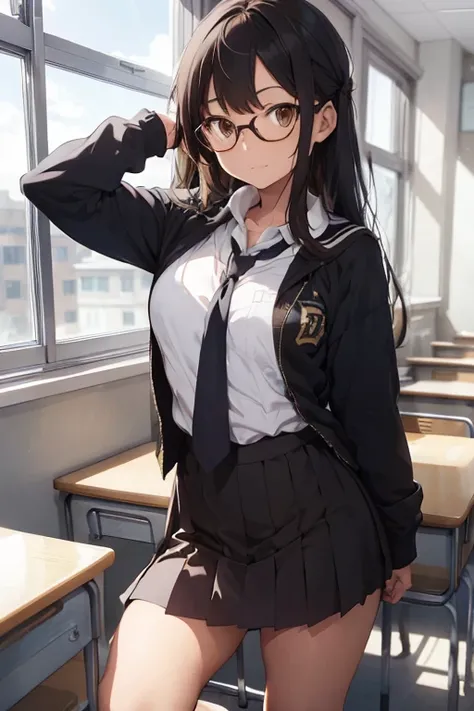 1 female, brown messed up long hair, brown eyes, teenage, chest, legs, school uniform, glasses, in school