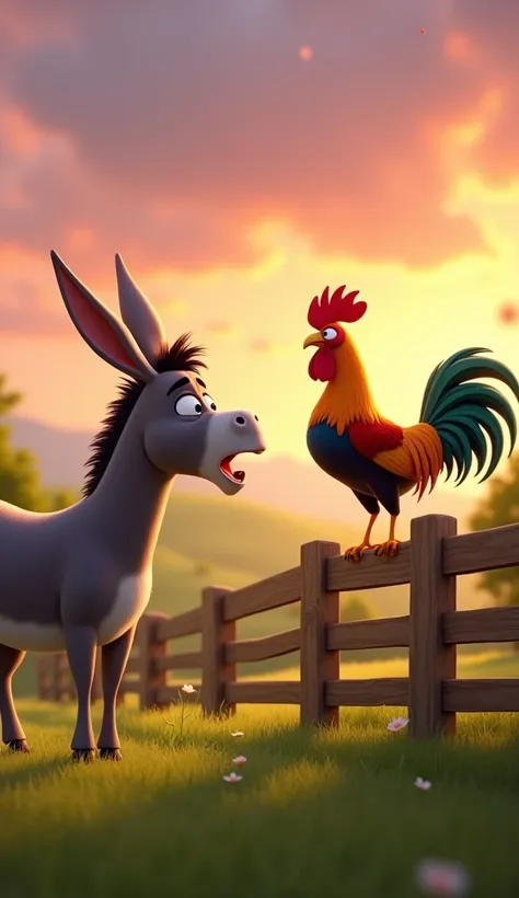 Draw a scene of an angry donkey arguing with a rooster with orange, green and blue plumage on a very pretty farm at dawn. The donkey should have an angry facial expression. The rooster should be very calm, standing on a wooden fence, with its colorful feat...