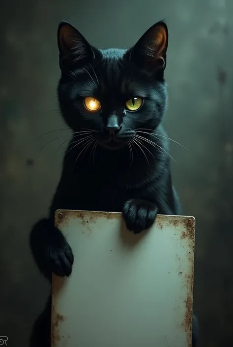 Create the image of a black cat that has only one eye and is holding the right side of a whiteboard