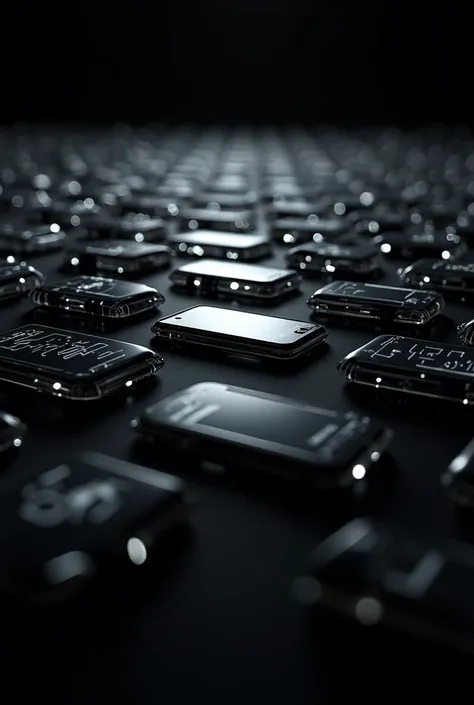 Hundreds of futuristic glass cell phones with black lines on a black background