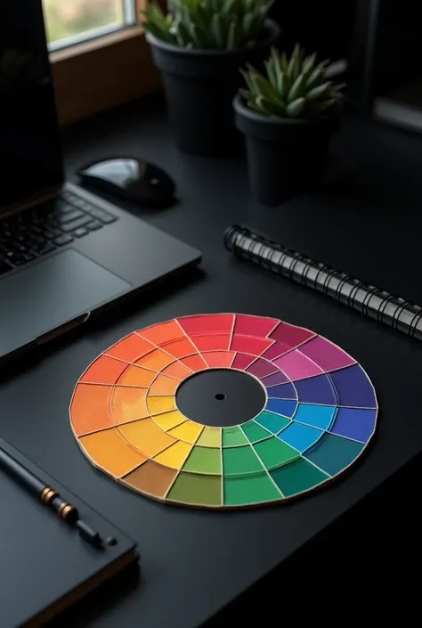 Generate a photo of the color wheel of the color palette on a clean black table, a notebook with a dark screen. The scene with a dark minimalist black style.