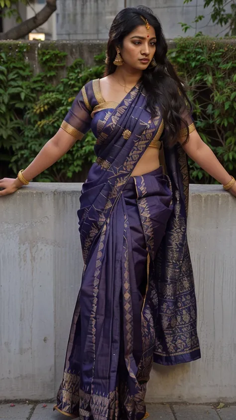 a woman in a sari standing on a sidewalk next to a wall, assamese aesthetic, traditional beauty, very beautiful enga style, wearing an elegant tribal outfit, indian goddess, dressed in a sari, very extremely beautiful, idian dress, assamese, very attractiv...