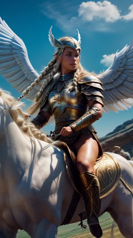 a young and beautiful nordic warrior, tall, with large blue eyes, long blonde braided hair, wearing a winged horned war helmet, ...