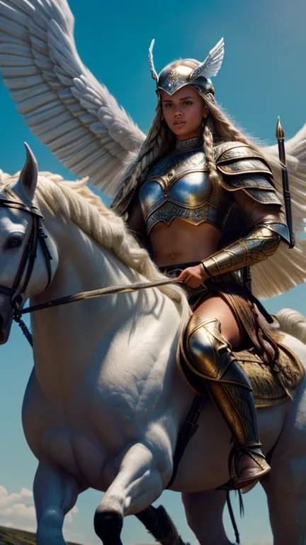 a young and beautiful nordic warrior, tall, with large blue eyes, long blonde braided hair, wearing a winged horned war helmet, ...