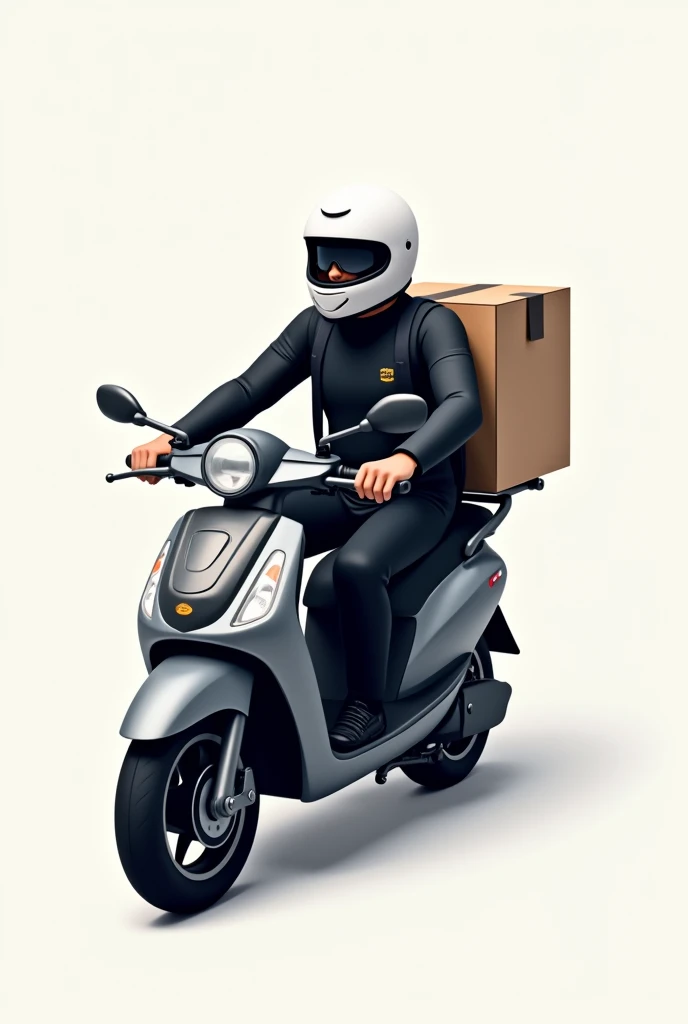 A delivery man on a motorcycle, with a white helmet, black motorcycle, glasses and a large delivery backpack and the image is a logo