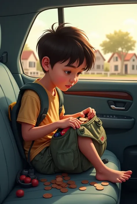 generates an image of a child searching for pennies in his backpack in the car