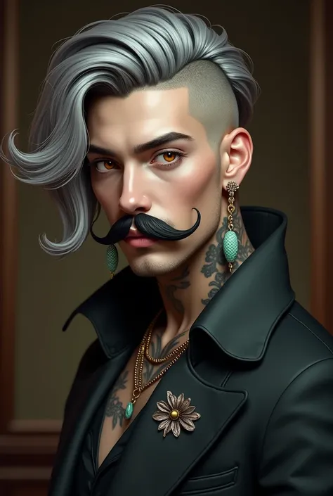 a full body artist, with 1.80 tall, gray hair shaved on the sides and long on top falling to the side of the face, orange eyes, big french mustache, jade earrings, flower tattoo on neck, wear formal clothes