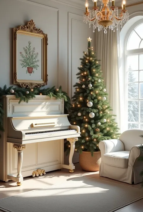 Provencal style Christmas room with wall piano, tree, Luster, window, all white armchair


